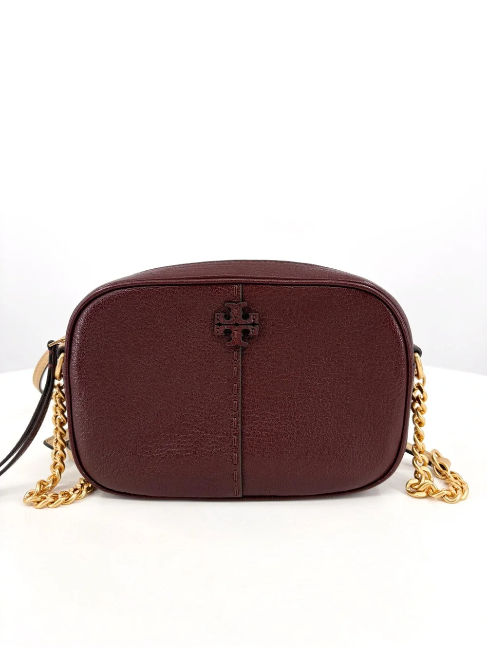 TORY BURCH McGraw Textured Leather Camera Bag in Wine Brown